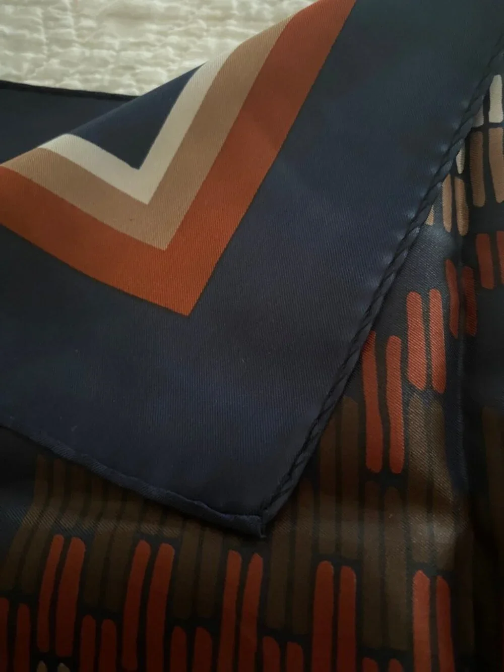Vintage Square Scarf - Navy Rust Brown Cream Geometric Print - Silky Satin Look